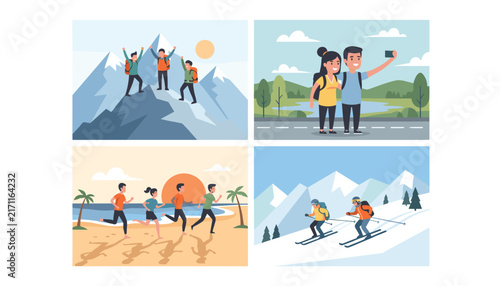 Multi seasonal sports panel collection showing hiking, jogging, skiing, and taking selfies in beautiful nature.