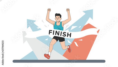 Determined male athlete triumphantly crossing the finish line ribbon tape with raised arms in a running competition.