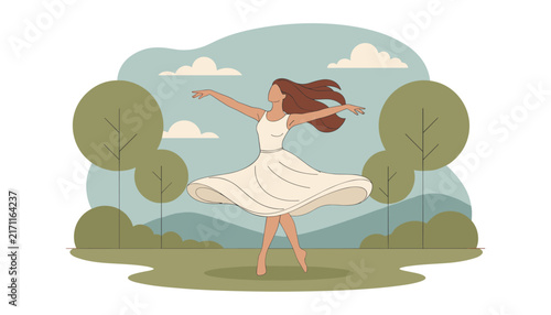 Graceful young woman in a flowing white dress spinning happily on a green grassy field under a cloudy summer sky.