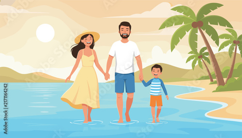 Happy young family holding hands and walking together in shallow turquoise sea water on a tropical resort beach.