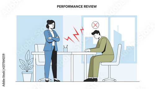 Stressed male employee undergoing a harsh professional performance review by an angry female manager in an office.