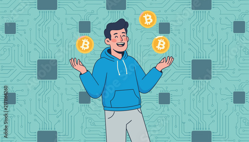 Happy young man in a blue hoodie juggling glowing bitcoin coins against a green electronic circuit background.