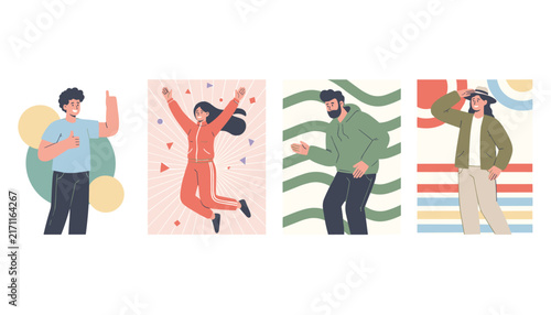 Set of four distinct colorful cards showing modern young people in active, happy, and confident lifestyle poses.