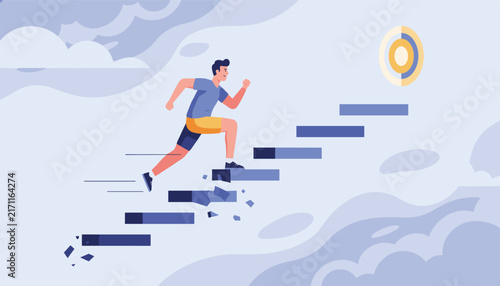 Determined young man running up a breaking floating staircase toward a golden dartboard target in a cloudy sky.