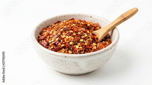 Red chili flakes in a ceramic bowl with a wooden spoon isolated on a white background red pepper hot seasoning dried chili food ingredient spicy food mexican food asian food italian food