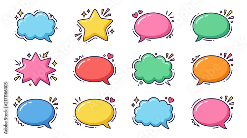Set of colorful hand drawn speech bubbles and thought clouds for design elements.