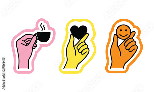 Set of colorful hand gestures holding coffee heart and smiley face icons