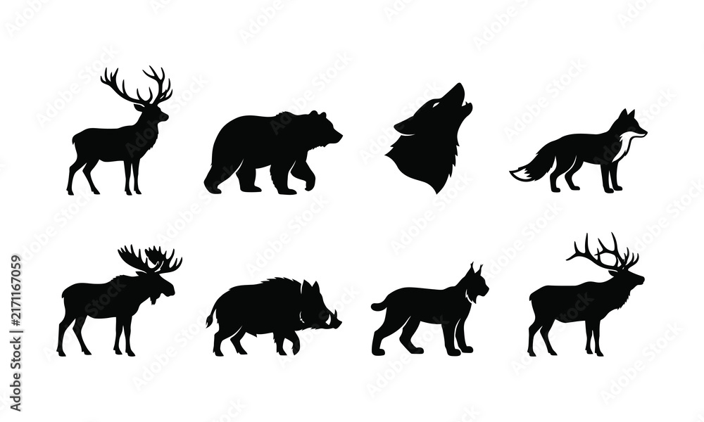 Obraz premium Set of wild forest animal silhouettes