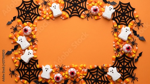 Halloween frame of scattered candy and decor. Top down view over an orange background with copy space.