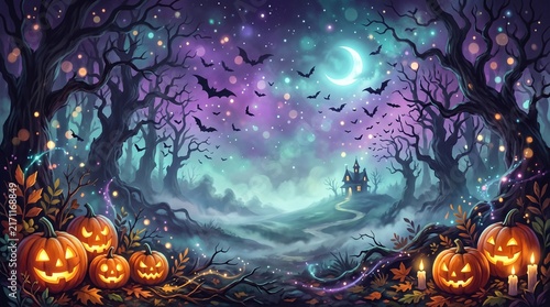 spooky halloween illustration for kids carwed pumpkins and copy space in the middle. High quality photo