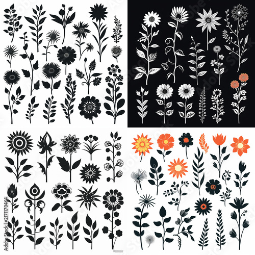 Set of floral silhouettes and botanical elements for graphic design and creative projects