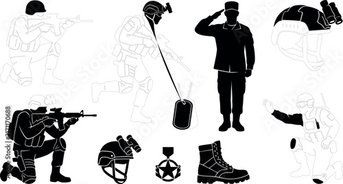 Foto Military personnel silhouettes depict soldiers equipment and patriotic symbols o