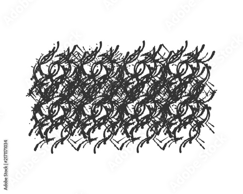 Abstract grunge calligraphic lattice vector pattern with dense ink scribbles, black metal ornament, streetwear overlay