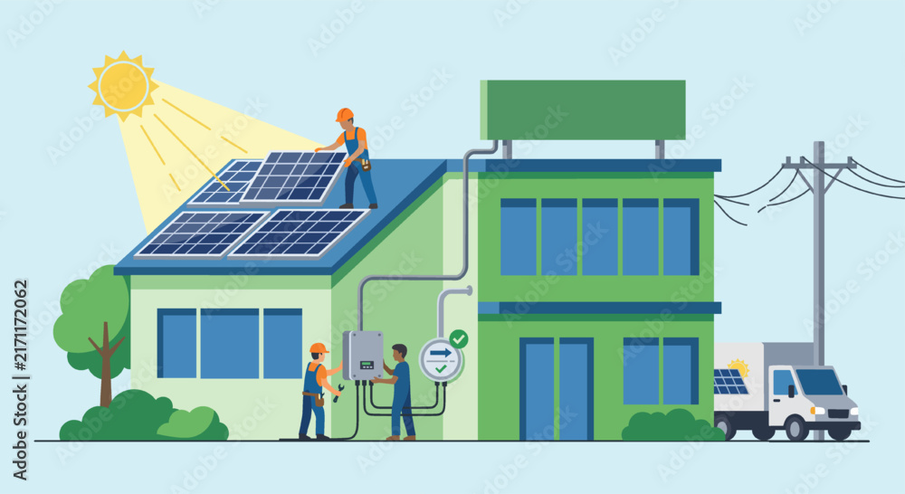 Fototapeta premium Technicians Installing Solar Panels on Building Roof with Inverter and Power Grid Setup