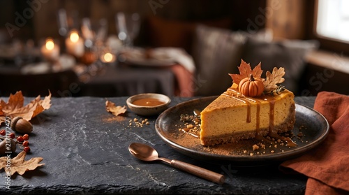 A slice of pumpkin cheesecake topped with caramel sauce and a small pumpkin leaf decor, served on a dark stone plate in a cozy moody setting.