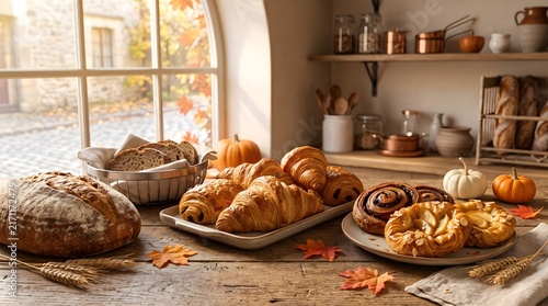 Assorted bakery items including croissants, cinnamon rolls, and fresh artisan bread served on a wooden kitchen table with warm sunlight