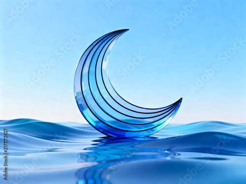 Glass Blue Crescent Moon Floating on Water Surface Abstract 3D Illustration