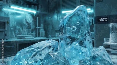 Frozen Ice Blocks in Cryogenic Laboratory Room