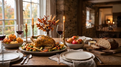 Classic Thanksgiving dinner spread featuring a golden roasted turkey, side dishes, wine glasses, and candles set on a rustic wooden dining table