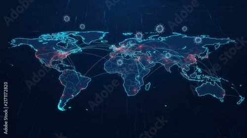 World Map Digital Network with Floating Microbes