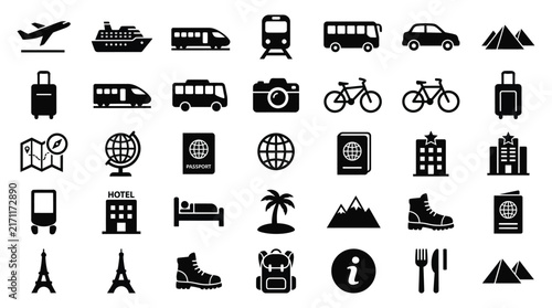 Collection of travel icons in black silhouette style