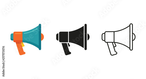 Megaphone illustrations in color silhouette and line art on a white background