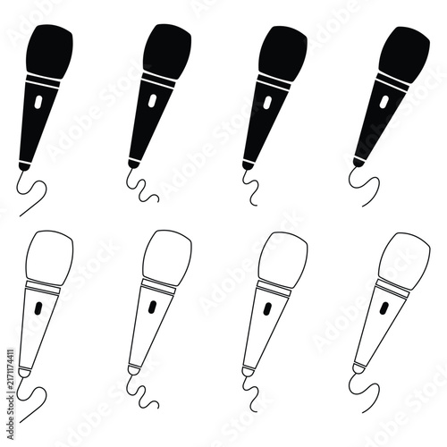 Microphone icon set. Flat style fill and stroke podcast mic icon isolated on white background. Editable vector illustration. EPS 10