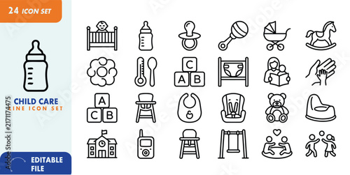 Child Care Line Icon Set – Baby Care, Parenting, Safety, Education and Family Support