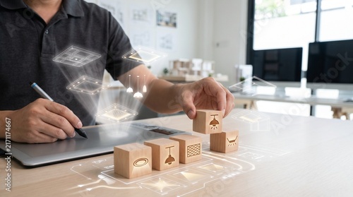 Architect building digital project model with wooden blocks and graphic tablet interface
