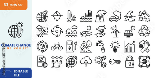 Climate Change Line Icon Set – Global Warming, Carbon Emissions, Extreme Weather and Environmental Sustainability