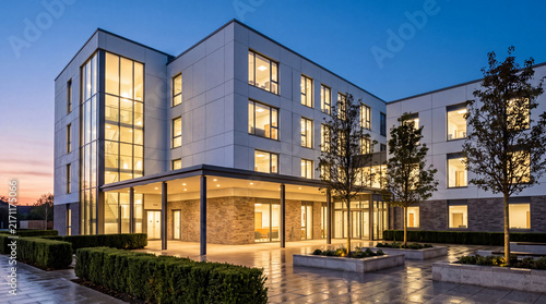 Contemporary multi-story residential building illuminated at night, featuring large windows, modern architecture, landscaped surroundings, and a reflective water feature.