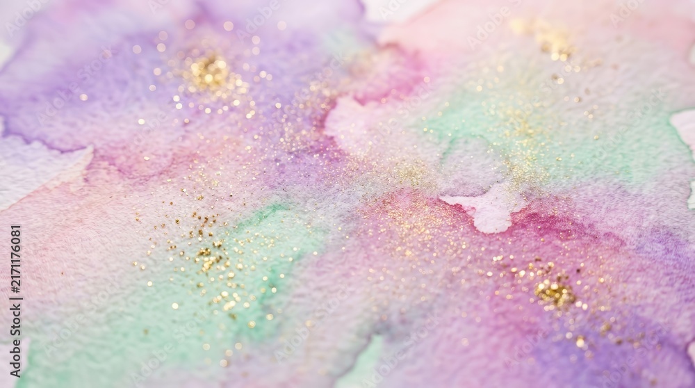 Obraz premium Colorful imagination concept featuring abstract watercolor washes and gold glitter.