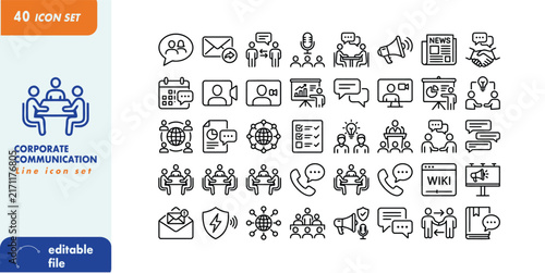 Corporate Communication Line Icon Set – Business Messaging, Team Collaboration, PR, Meetings and Digital Networking
