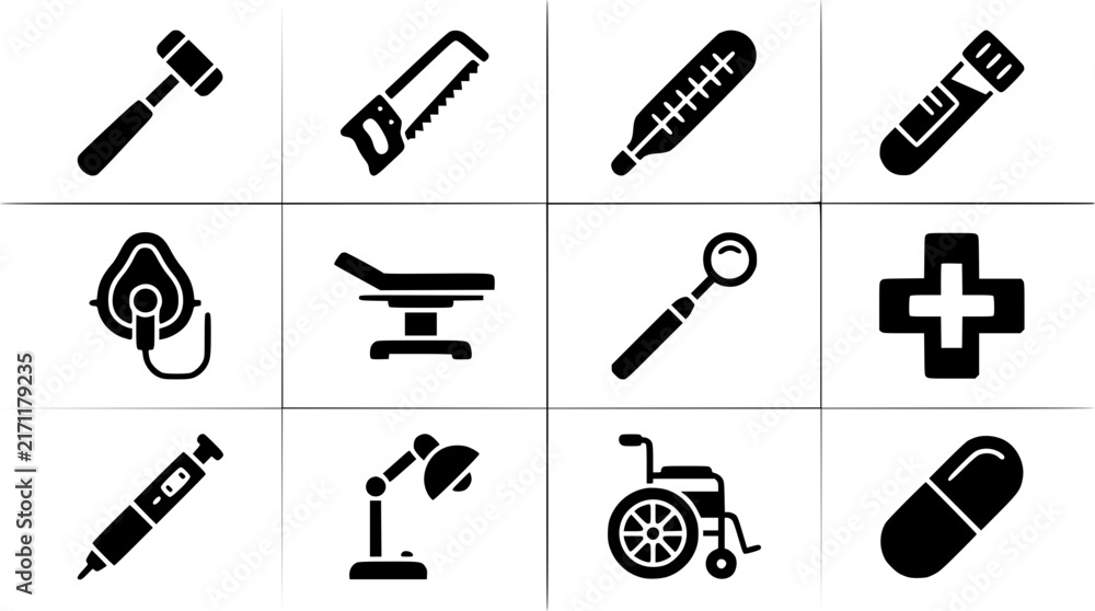 Naklejka premium Surgical Tools and Healthcare Equipment Black Glyph Vector Icon Collection