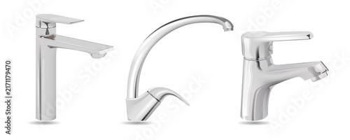 Modern faucets with shiny chrome finish and transparent background
