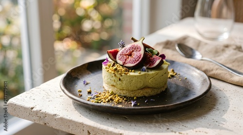 Gourmet pistachio mousse dessert garnished with sliced fresh fig, crushed nuts, and delicate purple edible flowers served on a rustic stone table near a window.