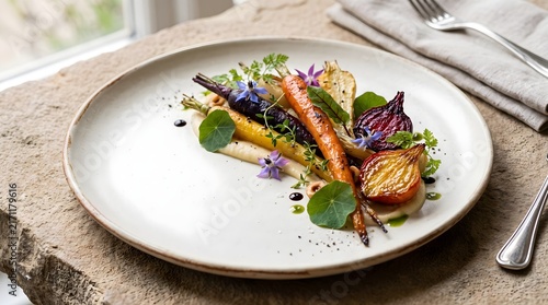 Close-up of fine dining roasted carrots and root vegetables served over smooth purée, decorated with microgreens and herbs on a handcrafted stoneware plate