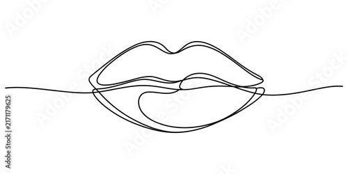 Minimalist one line art drawing of sensuous lips on white background representing beauty design concept for cosmetics and skincare brand identity.