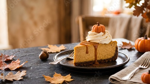 Delicious pumpkin cheesecake topped with whipped cream, caramel sauce, and miniature candy pumpkin, surrounded by autumn fallen leaves on a dark wooden background.