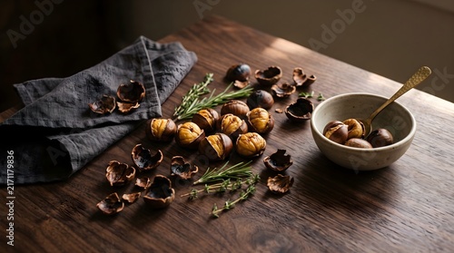 Hot roasted chestnuts mixed with fresh rosemary twigs served on a dark rustic wooden table next to a small bowl of sweet chestnut snacks.