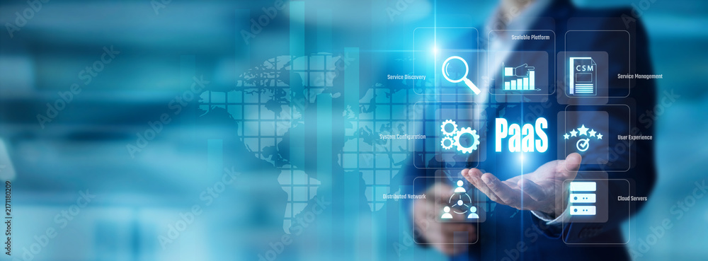 Obraz premium Cloud architect holding a deploy block in hand. PAAS accelerates global software hosting and application deployment. Modern developer platform streamlines cloud programming.