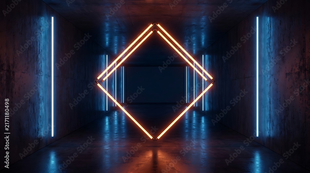 Fototapeta premium Dark concrete tunnel with glowing orange diamond neon frame, vertical blue light strips on side walls, 3 d render perspective