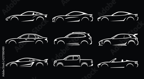 Car vector line art outlines set isolated on a black background. high contrast vehicle vector illustrations for modern automotive branding.
