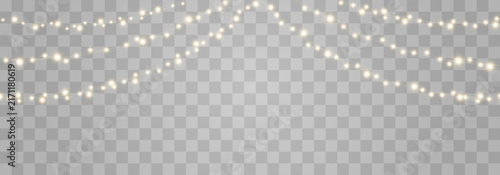Christmas light bulbs, glowing garlands string. Vector garland illustration isolated on png. New Year's party lights, holiday decorations. Winter holiday season element.