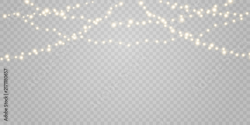 Christmas light bulbs, glowing garlands string. Vector garland illustration isolated on png. New Year's party lights, holiday decorations. Winter holiday season element.