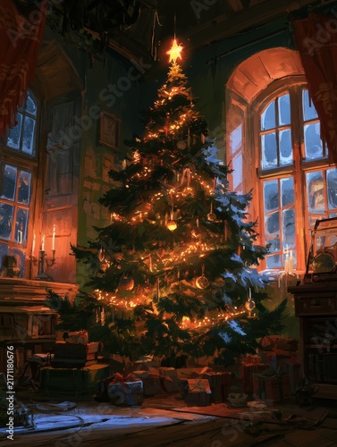 Cozy Christmas tree with warm lights and gifts in a rustic room