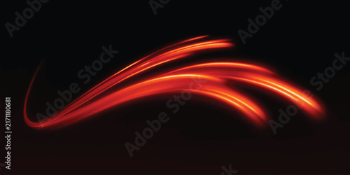 Abstract red glowing light trails sweeping across a dark background with red glow light streaks abstract lines luminous curves neon effect energy flow motion trail