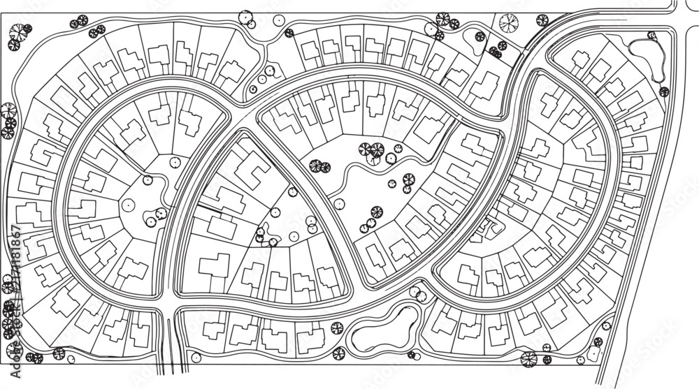 Fototapeta premium Residential neighborhood site plan with curved roads and housing plots in a black and white vector