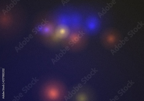 Dark blue background, with scattered glowing, circular light spots, in shades of, blue, red, and, yellow creating a, soft hazy bokeh effect