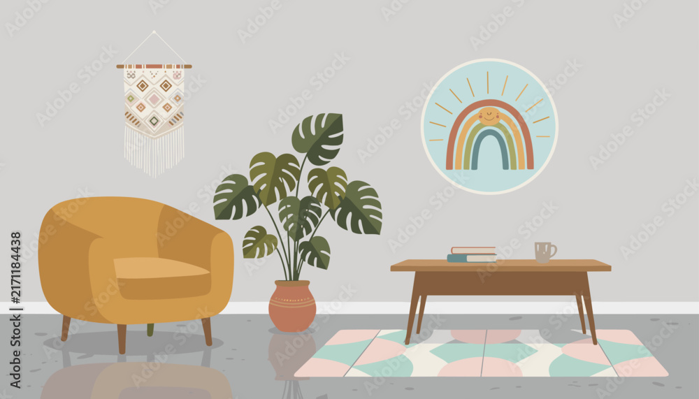 Fototapeta premium Stylish modern retro living room interior featuring a yellow armchair, a large monstera plant, and boho decor.